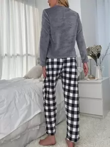 Buffalo Plaid Print Flannelette PJ Set / Pajama Set - Multicolor - View 2