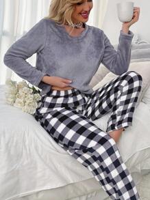 Buffalo Plaid Print Flannelette PJ Set / Pajama Set - Multicolor - View 3