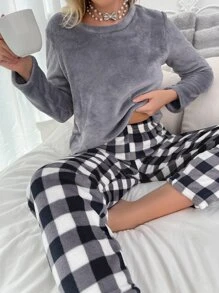 Buffalo Plaid Print Flannelette PJ Set / Pajama Set - Multicolor - View 6