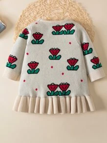 Baby Floral Pattern Ruffle Hem Jumper Dress - Khaki - View 2