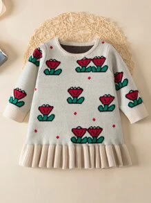 Baby Floral Pattern Ruffle Hem Jumper Dress - Khaki - View 1