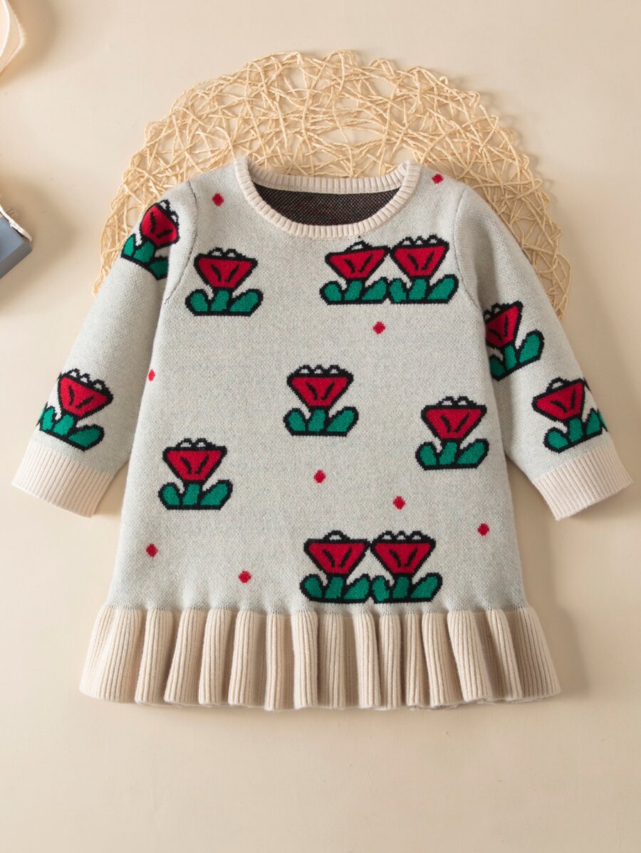 Baby Floral Pattern Ruffle Hem Jumper Dress - Khaki - View 1