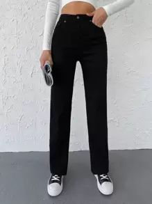Solid Straight Leg Jeans - Black - View 1