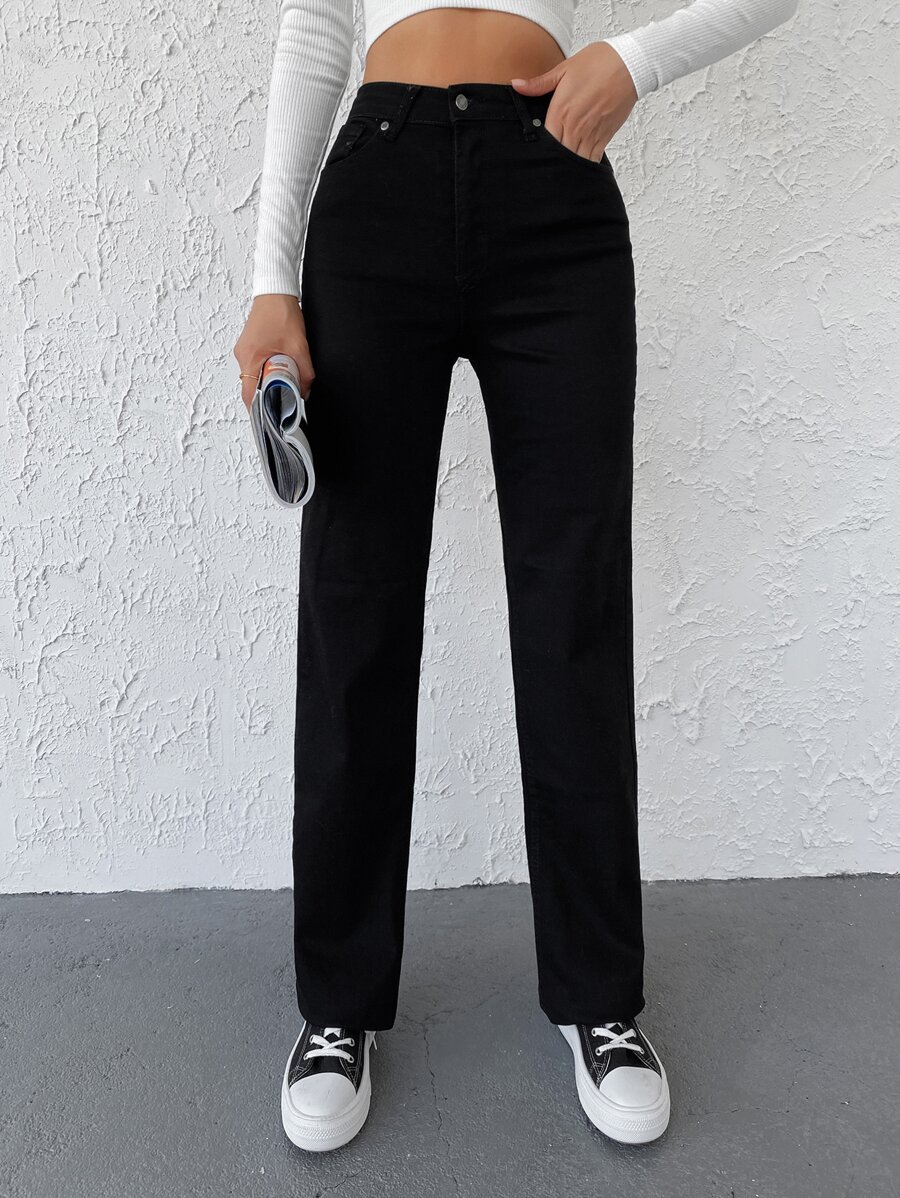 Solid Straight Leg Jeans - Black - View 1