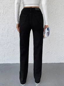 Solid Straight Leg Jeans - Black - View 2
