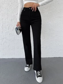 Solid Straight Leg Jeans - Black - View 4