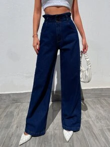 EURMUSE 100%Cotton Paperbag Waist Wide Leg Jeans - Dark Wash - View 1