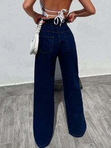 EURMUSE 100%Cotton Paperbag Waist Wide Leg Jeans - Dark Wash - View 2