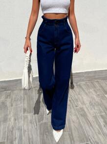 EURMUSE 100%Cotton Paperbag Waist Wide Leg Jeans - Dark Wash - View 3