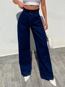 EURMUSE 100%Cotton Paperbag Waist Wide Leg Jeans - Dark Wash - View 5