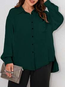 SHEIN Frenchy Camisa de hombros caídos con parche con bolsillo - Verde Oscuro - Ver 4