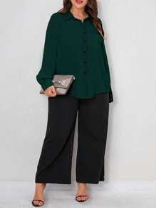 SHEIN Frenchy Camisa de hombros caídos con parche con bolsillo - Verde Oscuro - Ver 5