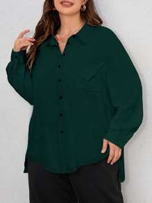 SHEIN Frenchy Camisa de hombros caídos con parche con bolsillo - Verde Oscuro - Ver 6