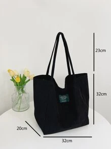 輕量商務休閒字母貼花裝飾燈芯絨購物包適合青少年女孩女大學生、新秀和白領，非常適合辦公室、大學、工作、商務、通勤、戶外、旅行、郊遊 - 黑色 - 查看 3