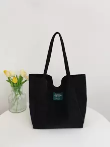 輕量商務休閒字母貼花裝飾燈芯絨購物包適合青少年女孩女大學生、新秀和白領，非常適合辦公室、大學、工作、商務、通勤、戶外、旅行、郊遊 - 黑色 - 查看 5