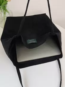 輕量商務休閒字母貼花裝飾燈芯絨購物包適合青少年女孩女大學生、新秀和白領，非常適合辦公室、大學、工作、商務、通勤、戶外、旅行、郊遊 - 黑色 - 查看 6