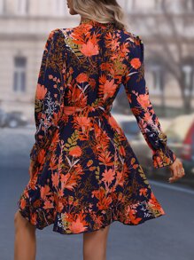 SHEIN Clasi Floral Print Flounce Sleeve Ruffle Hem Belted Dress - Multicolor - View 2