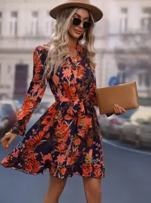 SHEIN Clasi Floral Print Flounce Sleeve Ruffle Hem Belted Dress - Multicolor - View 3