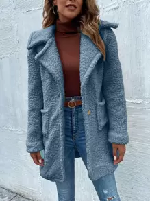 SHEIN LUNE Dual Pockets Lapel Collar Teddy Coat - Blue - View 1