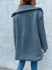 SHEIN LUNE Dual Pockets Lapel Collar Teddy Coat - Blue - View 2