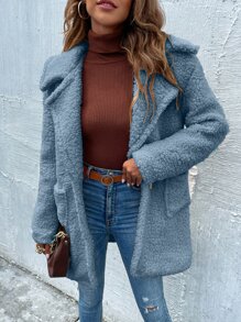 SHEIN LUNE Dual Pockets Lapel Collar Teddy Coat - Blue - View 5