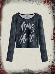 WB Horror | ROMWE Letter Graphic Tie Dye Tee - Black - View 6