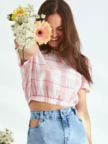 SHE(IN) BRASIL Top corto de cuadros - Rosa - Ver 7