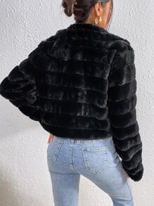 SHEIN Privé Solid Zip Up Crop Fuzzy Coat - Black - View 2
