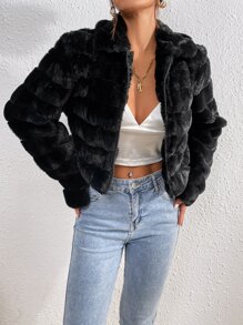 SHEIN Privé Solid Zip Up Crop Fuzzy Coat - Black - View 3