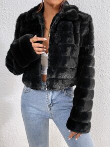 SHEIN Privé Solid Zip Up Crop Fuzzy Coat - Black - View 4