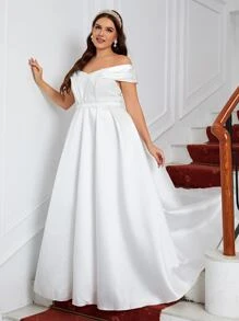 SHEIN Belle Vestido de novia fruncido de hombros descubiertos con encaje de satén - Blanco - Ver 3