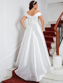 SHEIN Belle Vestido de novia fruncido de hombros descubiertos con encaje de satén - Blanco - Ver 4