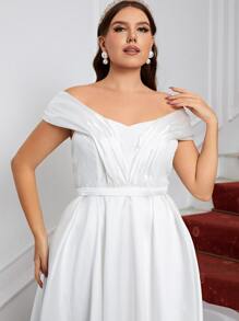 SHEIN Belle Vestido de novia fruncido de hombros descubiertos con encaje de satén - Blanco - Ver 5