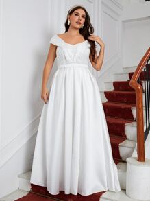 SHEIN Belle Vestido de novia fruncido de hombros descubiertos con encaje de satén - Blanco - Ver 2