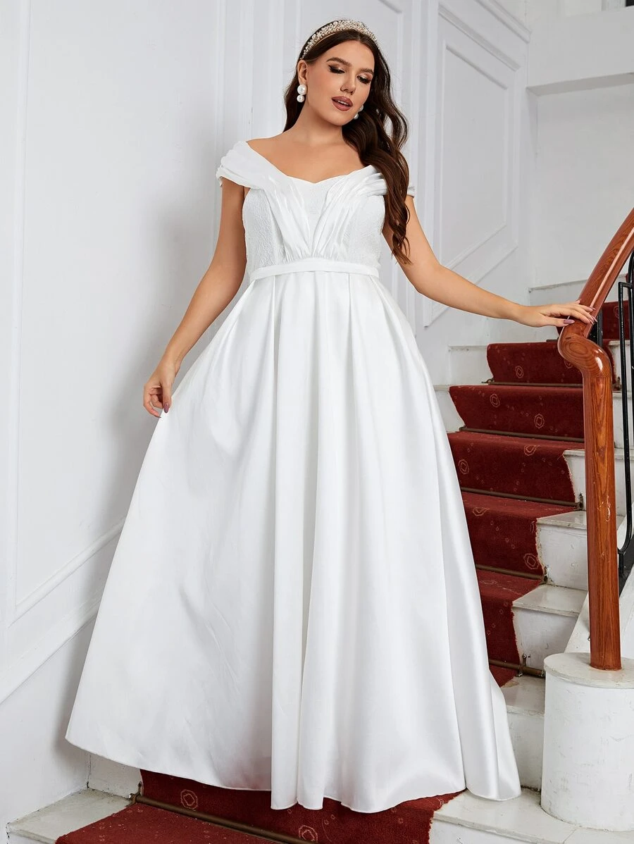 SHEIN Belle Vestido de novia fruncido de hombros descubiertos con encaje de satén - Blanco - Ver 1