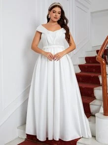 SHEIN Belle Vestido de novia fruncido de hombros descubiertos con encaje de satén - Blanco - Ver 6