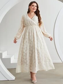 Modelyn Plus Jacquard Lantern Sleeve Overlap Collar Dress - Beige - View 1