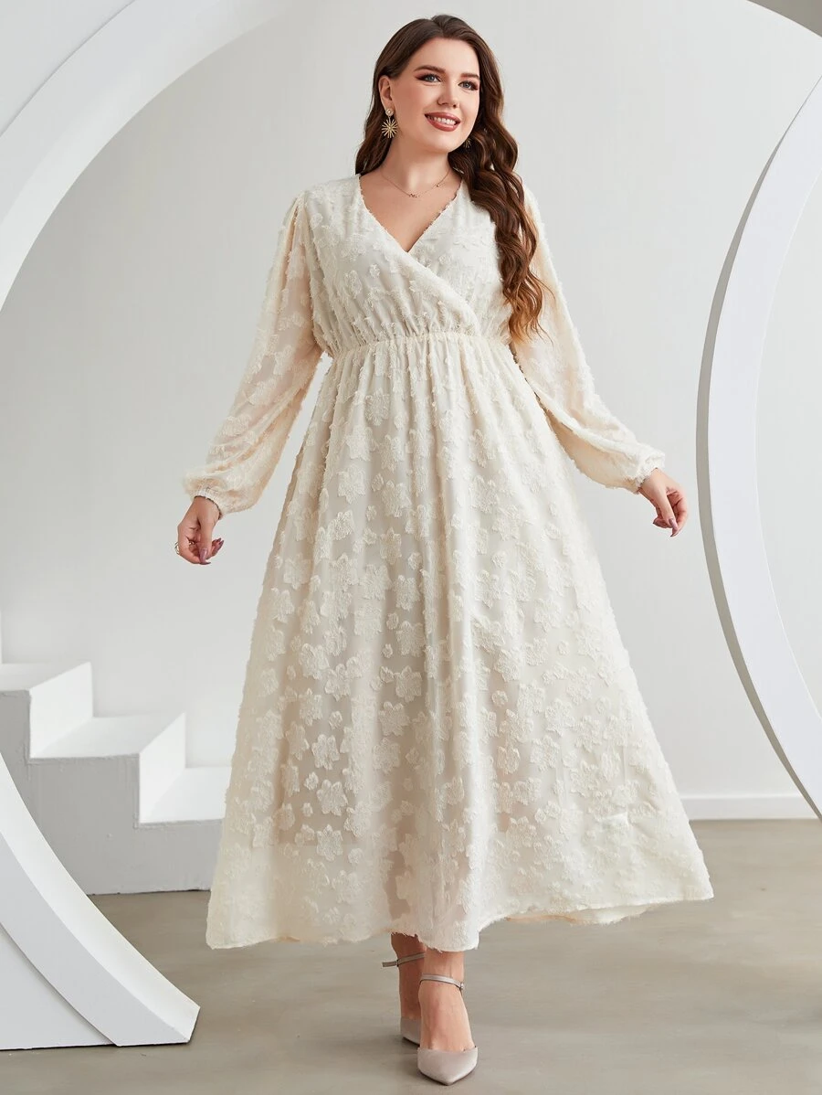 Modelyn Plus Jacquard Lantern Sleeve Overlap Collar Dress - Beige - View 1