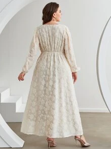 Modelyn Plus Jacquard Lantern Sleeve Overlap Collar Dress - Beige - View 2