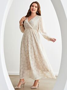 Modelyn Plus Jacquard Lantern Sleeve Overlap Collar Dress - Beige - View 3