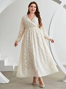 Modelyn Plus Jacquard Lantern Sleeve Overlap Collar Dress - Beige - View 4