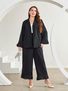Modelyn 大碼西裝領荷葉袖襯衫和百褶長褲 - 黑色 - 查看 3
