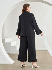 Modelyn 大碼西裝領荷葉袖襯衫和百褶長褲 - 黑色 - 查看 2