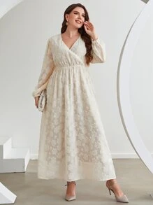 Modelyn Plus Jacquard Lantern Sleeve Overlap Collar Dress - Beige - View 7