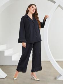 Modelyn 大碼西裝領荷葉袖襯衫和百褶長褲 - 黑色 - 查看 1