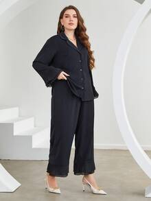 Modelyn 大碼西裝領荷葉袖襯衫和百褶長褲 - 黑色 - 查看 4