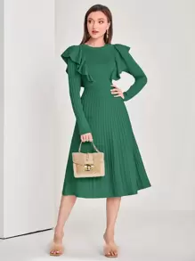 Modelyn 荷葉邊接縫細節毛衣洋裝 - 綠色 - 查看 1