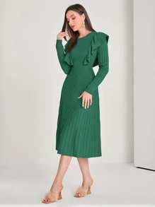 Modelyn 荷葉邊接縫細節毛衣洋裝 - 綠色 - 查看 4