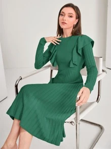 Modelyn 荷葉邊接縫細節毛衣洋裝 - 綠色 - 查看 5