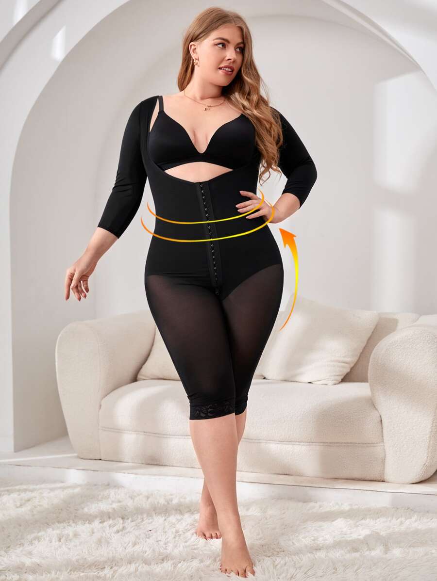 Plus Hook And Eye Shapewear Jumpsuit Without Liner - Black - View 1